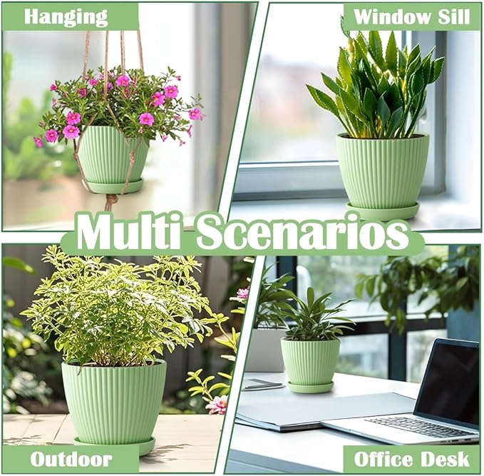 Plant Pots with Drainage Holes and Tray Saucer - 7.5/6.5/5.5/4.9/4.2/3.5 Inches Flower Pots - 6 Pack Thick and Sturdy Planters for Indoor Plants Such As Orchid, Succulent and Herbs, Green