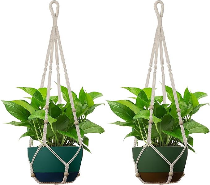 USLAI Macrame Plant Hanger Indoor Outdoor, Up to 4-15 inch Pot, Heavy 20lb Planters, Extra Long Strong Hanging Planter Basket, Boho Home Decor, 35 Inch, Ivory, Set of 2 (POTS NOT Included)