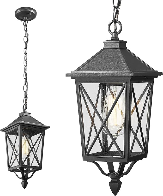 Darkaway Outdoor Pendant Light Fixture, Outdoor Hanging Porch Light with Seeded Glass, Anti-Rust Waterproof Aluminum E26 Socket Lighting for Porch Entryway Doorway