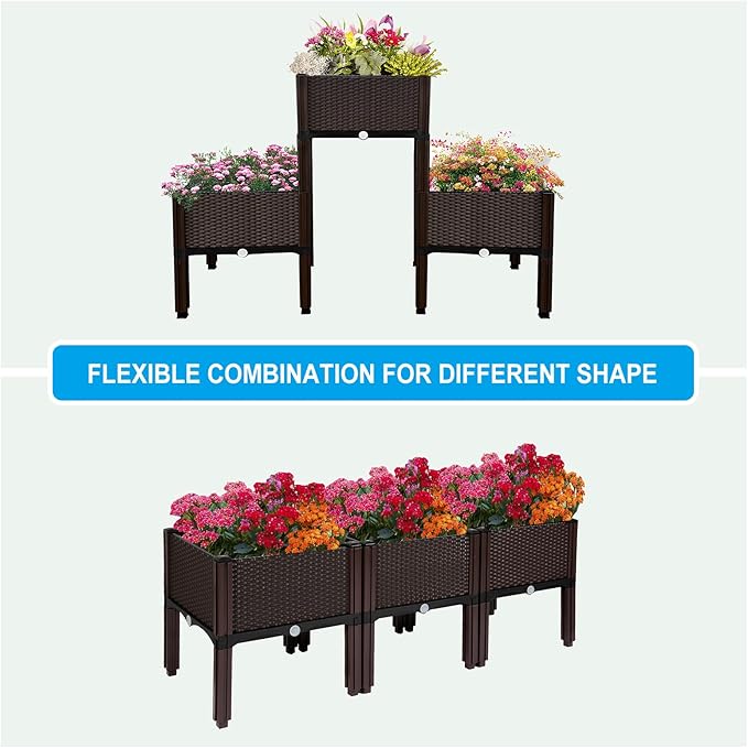 MAYOLIAH Raised Garden Bed with Drainage Elevated Planter Box Plastic Raised Beds for Gardening Vegetables Herb Flowers, Perfect for Indoor Outdoor Planting, 3 Boxes Brown