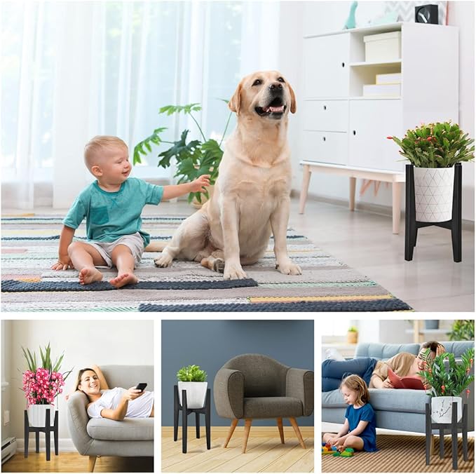 OERGKE 2 Pack Plant Stand Indoor, Adjustable Bamboo Mid Century Modern Plants Stands, Corner Flower Holder for Living Room, Fits 8 to 12 Inches Pots, (Pot & Plant Not Included)(Black)