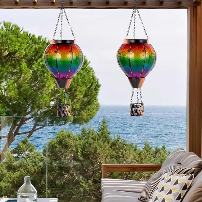 Starsoul 2PCS Hot Air Balloon Solar Lantern Colorful Solar Hot Air Balloon Lantern with Flame Light Waterproof Hanging Outdoor Lantern with Candle Holder for Patio Garden Yard Farmhouse Decor