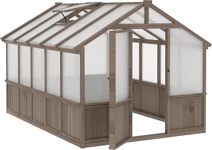8x10 FT Greenhouse Kit with 6MM Thick Polycarbonate Panel for Outdoor, Wooden Walk-in Green House with Adjustable Roof Vent and Lockable Door, Backyard, Garden, Light Mocha Brown