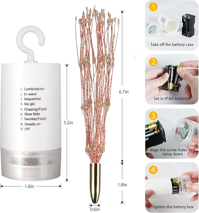 FOOING 8 Pack Firework Lights Led Copper Wire Star String Lights 8 Modes Battery Operated Fairy Lights with Remote,Wedding Decorative Hanging Light for Party Patio Garden Decoration