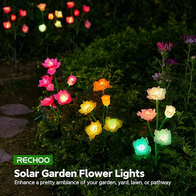 RECHOO Solar Garden Lights Outdoor Decorative, 3 Pack Solar Flower Lights with 15 Rose Flowers, Multi-Color Changing LED Waterproof Garden Decor for Patio Yard Pathway Decoration