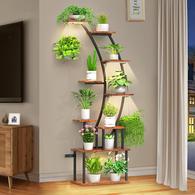 Plant Stand Indoor with Grow Lights, 9 Tiered Metal Plant Shelf Pots For Plant Lovers, 63" Tall Indoor Flower Rack Display Holder Multiple For Room, Corner Large Planter Shelves For Patio,Wall