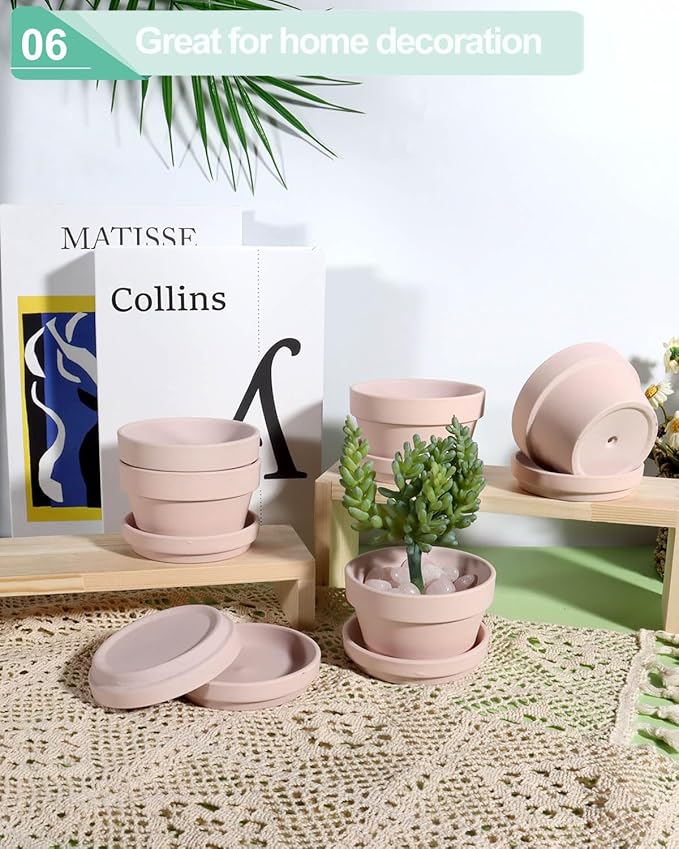 vensovo 4.5 Inch Pink Terracotta Shallow Succulent Pots - 6 Pack Terra Cotta Clay Pot with Saucer, Cacuts Indoor and Outdoor Planters with Drainage Hole