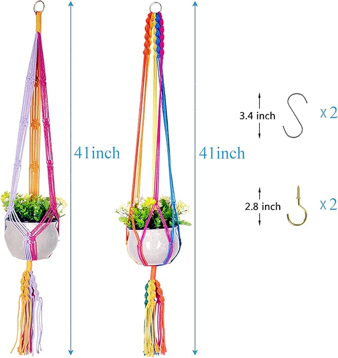 Rainbow Colorful Macrame Plant Hanger with 4 Hooks, Hanging Plant Holder Indoor Outdoor, Handmade Cotton Rope for Boho Room Decor Hanging Ceiling Decor,2 Pack