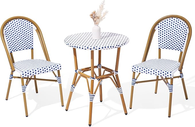 3 Piece French Wicker Bistro Set, Patio Bistro Set with Table and 2 Dining Chairs, All Weather Outdoor Bistro Set with Aluminum Frame, Outdoor Patio Set for Patio Porch Cafes Yard, Navy and White