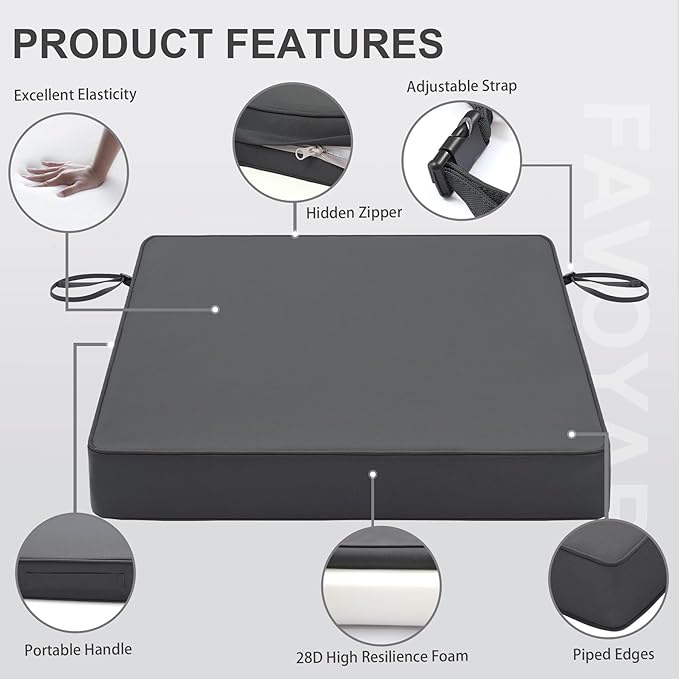 Favoyard Patio Chair Cushions 18.5 x 16 x 3 Inch Waterproof Outdoor Seat Cushions for Patio Furniture 3-Year Color Fastness Garden Sofa Couch Pads with Handle & Adjustable Straps Set of 2, Dark Grey