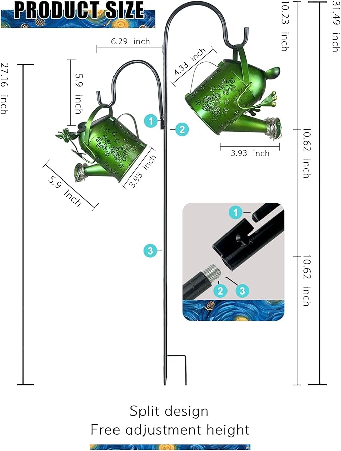 Solar Watering Can with Colorful Lighting, Waterproof Garden Decor, Birthday Gifts for Mom Grandma (Frog, 32 inch Shepherd Hook)