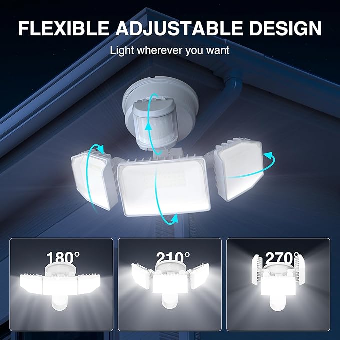 85W LED Security Lights Motion Sensor Light Outdoor, 8500LM Dusk to Dawn, IP65 Waterproof, 6500K, 3 Head Motion Detected Flood Light, Floodlight for Outside, Garage, Yard, Porch (White)