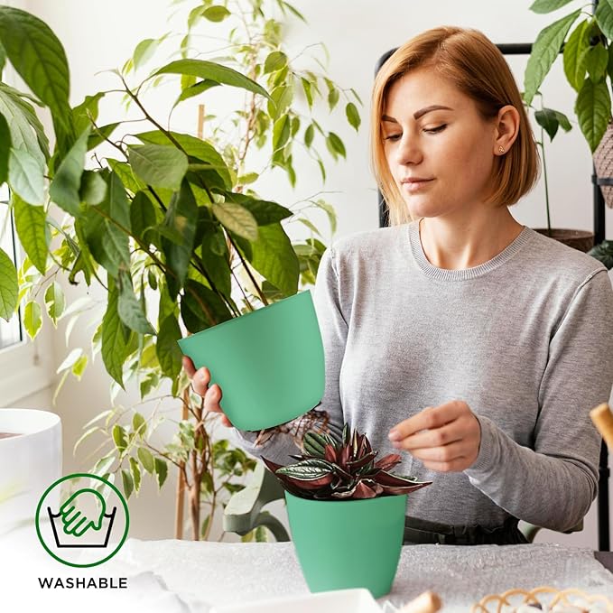 Planter Pots with Drainage Holes - Lightweight, Durable, & Space-Saving Pots for Indoor and Outdoor - Versatile Functionality, Simple Modern Design, Set of 10 Plastic Planter Pots Mint