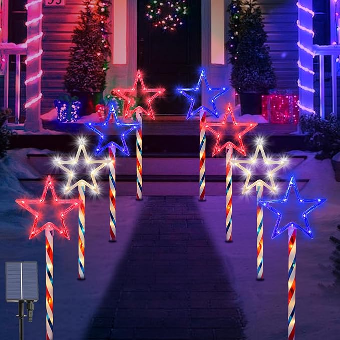 Solar Pathway Lights Outdoor 4th of July Decorations, 2 Sets of 6 Red White and Blue Star Walkway Lights With 180 LED, Waterproof Remote Control Timed Patio for Lawn Garden Decor