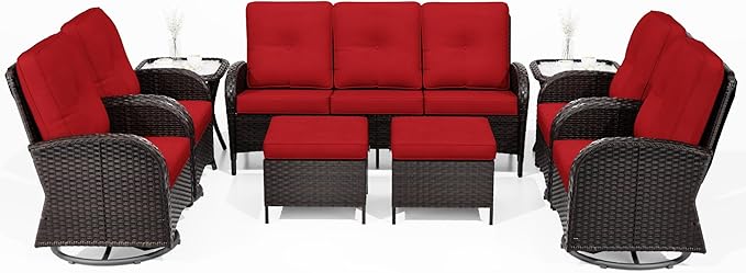 Joyside 9 Piece Patio Furniture Set, Outdoor Wicker Conversation Sets with Swivel Rocker Chairs and Sofa, Thick Cushion, Rattan Patio Sectional for Porch, Deck Use (Brown/Red, 9 PCS)