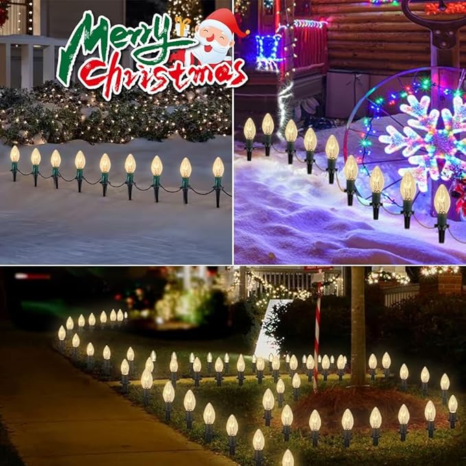 C9 Christmas Pathway Lights, 38FT Clear Christmas Pathway String Lights with 25 Incandescent Bulbs and Stakes for Outdoor Walkway Driveway Backyard Christmas Decorations, Warm White