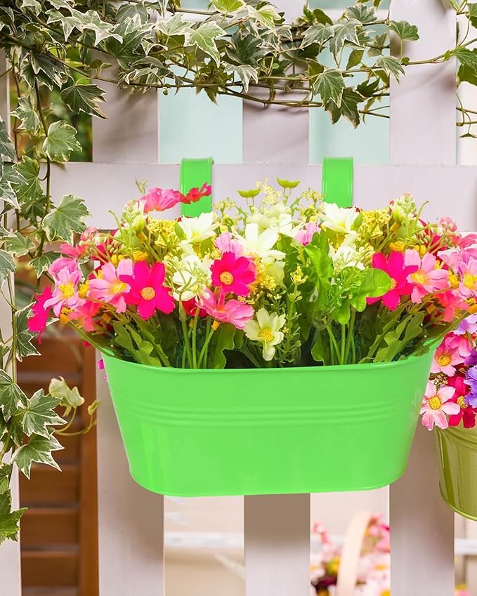 Metal Railing Planter for Outdoor Plants - 3 Pack Balcony Hanging Flower Pots with Detachable Hooks and Drain Holes Oval Bucket Rail Box Fence Planters for Home Garden Decor, Green Orange Blue