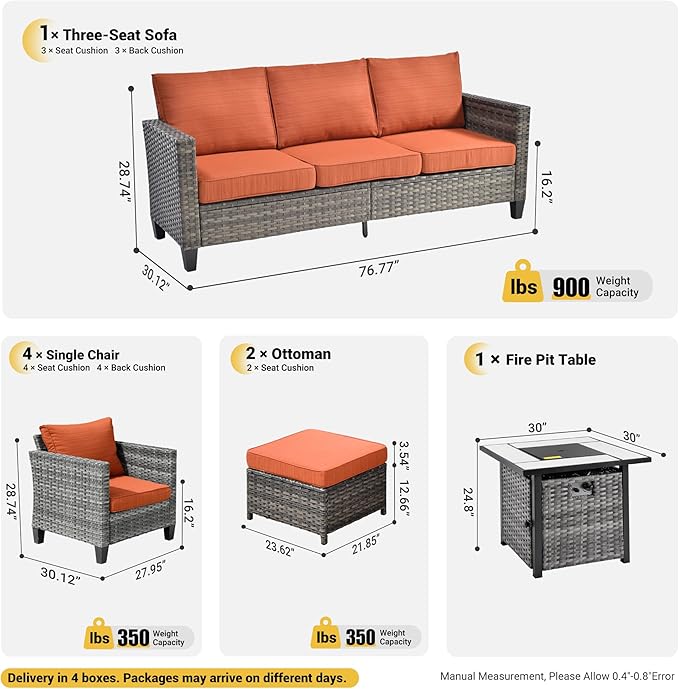 ovios 8 Pieces Patio Furniture Set with 30" Fire Pit Table, Outdoor Wicker Sofa with Comfy Cushions, All Weather High Back Rattan Couch Conversation Set, Orange Red