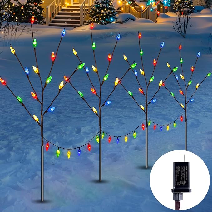 Brightown Christmas Pathway Lights Outdoor, 4 Packs Lighted Branch Lights Plug in, C6 Driveway Christmas Lights, Outdoor Christmas Stems Outdoor Decorations Yard, Multicolor