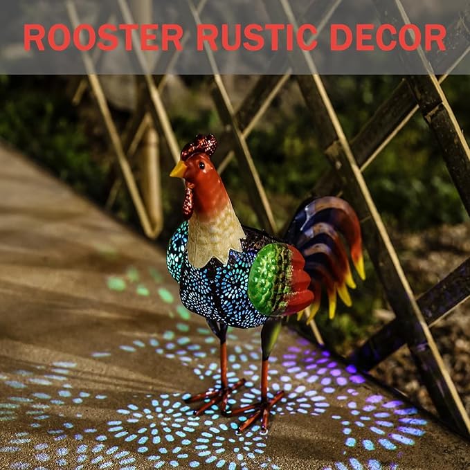 Solar Metal Rooster Animal Lights Decor Metal Chicken Sculpture for Backyard Patio Decor & Lawn OrnamentsGifts10.6inchesH (Rooster)