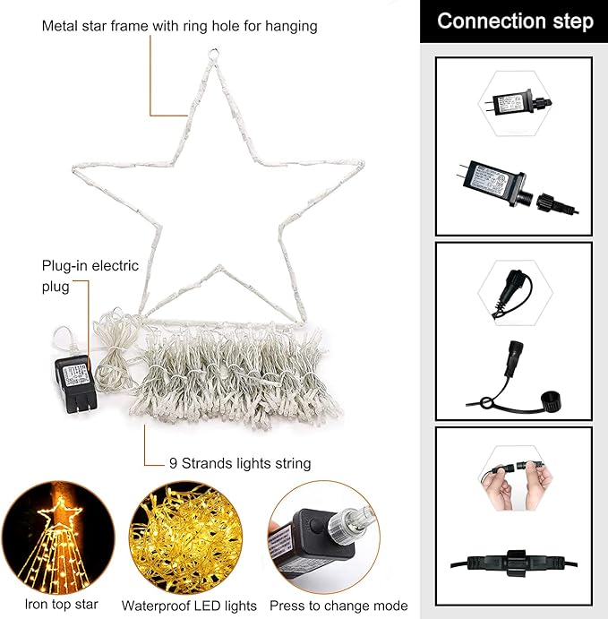 Christmas Star String Lights, 320 LED Waterfall Tree Lights with 13" Topper Star 8 Lighting Modes Indoor Outdoor Halloween Decorations for Holiday, Wedding, Party (Warn White)