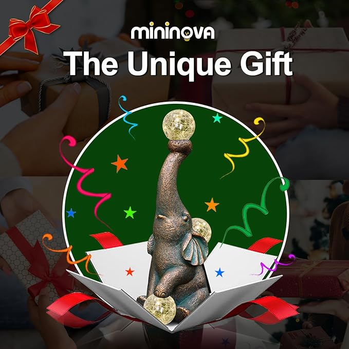 MININOVA Garden Decor Outdoor Statues Elephant with Cracked Glass Balls, Cute Solar Figurine for Patio, Lawn, Yard Art Ornament Decorations (15 LED Lights)