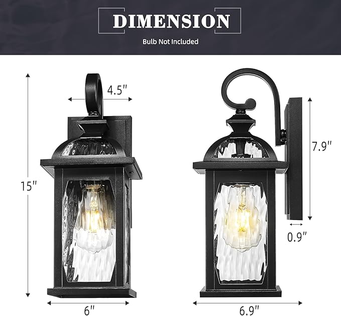 zeyu 15 Inch Outdoor Wall Lights Exterior, Outdoor Patio Light Fixture for Garden Porch, Die-Cast Aluminum with Water Ripple Glass, Black Finish, ZD100B BK-WP