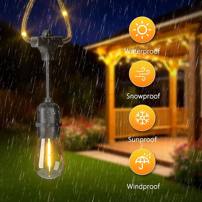 Outdoor String Fairy Lights, 24ft Dimmable Patio Lights with 12+1 S14 Retro Edison Bulbs & 72 Fairy Rope, IP65 Waterproof, LED Outside Hanging Light for Backyard Gazebo Bistro, 10 Strands Connectable