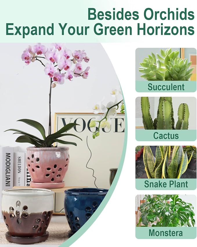 vensovo 5 Inch Ceramic Orchid Pots with Holes and Saucers - 1 Pcs Small Succulent Pot for Repotting, Garden Flowerpots for Plants Indoor and Outdoor Promotes Air Circulation, Brown Mixed