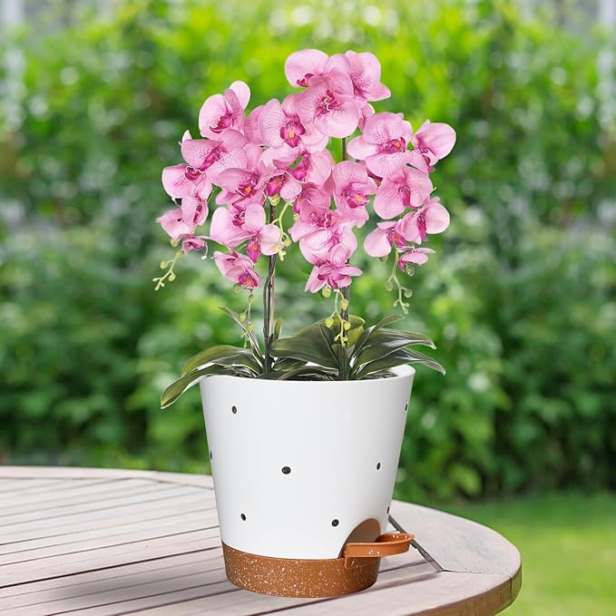 Orchid Pots with Holes, 6 Inch Self Watering Orchid Pot 2 Pack Plastic Plant Pots for Orchid, Flower (White+Brown)