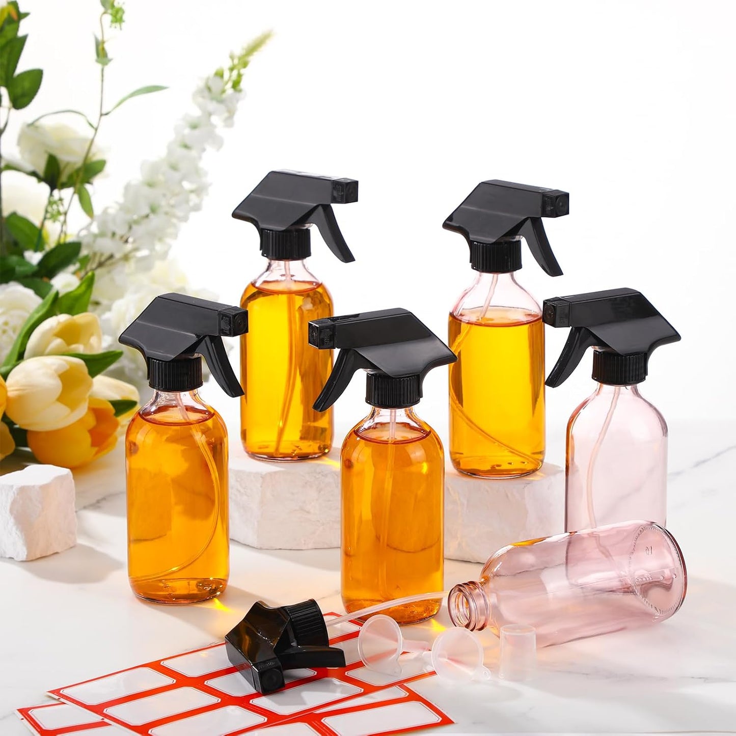 Norme 12 Pcs 8 oz Glass Spray Bottles with Funnels and Labels Refillable Cosmetic Empty Spray Bottles with Sprayer Containers for Essential Oil Cleaning Solutions(Pink,Classic)
