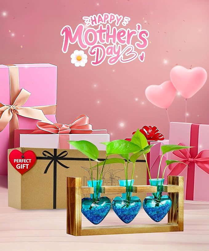 Nacome Plant Terrarium for Office Decor: Wooden Stand Tabletop Planter 3 Bulb Glass Vase Heart Shaped for Hydroponics Indoor Home - Birthday Gifts for Women Mom Grandma