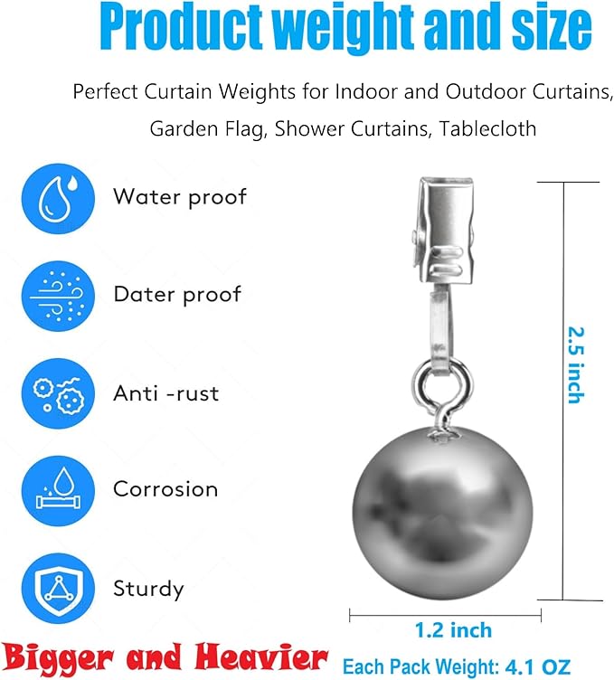 12 Pack Heavy Duty Curtain Weights for Outdoor Indoor, Stainless Steel Drapery Clips Keepping Curtain Panel Straight, Keep Shower Curtains from Waving, Weigh Down Sun Curtain Tablecloth Garden Flag