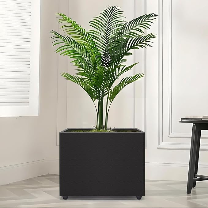 Planter Box Rectangular Block - 16×12×12IN Galvanized Steel Metal Long Box Planter Easy Installation Modern Outdoor Tall Planters All-Weather Use with Drainage Holes for Patio/Porch(Black)