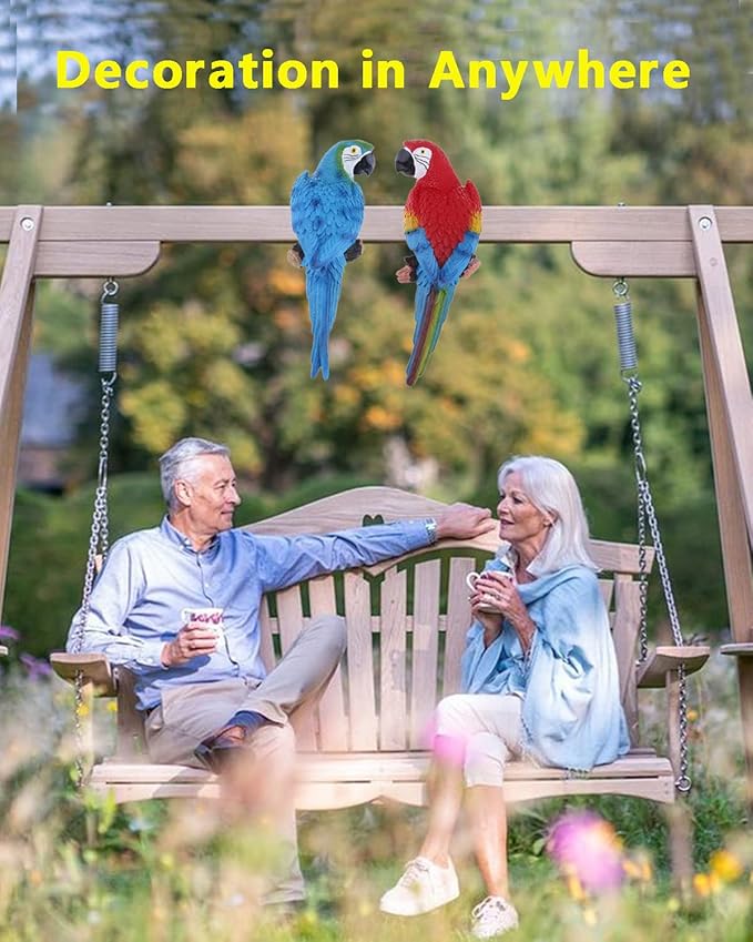 2Pcs Large Resin Parrot Decor Statues Lifelike Hawaiian Tropical Birds Decor, 12.5" Fake Parrot for Tiki Decoration Outdoor Garden Tree Wall Pool Macaw Statues Bird Lover Ornament Gifts(Blue and Red)