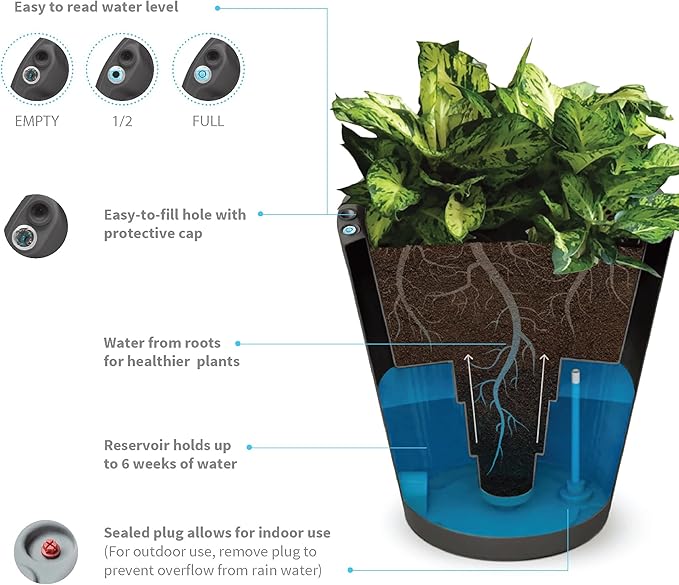 Crescent Garden Dot TruDrop Indoor/Outdoor Planter, Self-Watering Plant Pot, 16 Inches, (Slate)