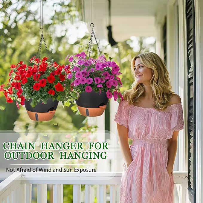 10 Inch Hanging Planters for Indoor Plants, 2 Pack Self Watering Hanging Baskets Flower Pots with Drainage Hole, Visual Reservoir & 2 Kinds of Plant Hanger for Outdoor Garden Home Decor(Black)