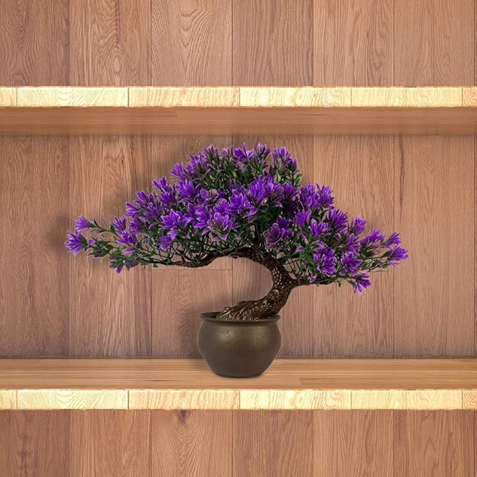 Fake Plants Plastic Artificial Bonsai Tree, Purple Room Decor Bonsai Tree for Home Bedroom Farmhouse Office Desk Decor, Tall 9.5"