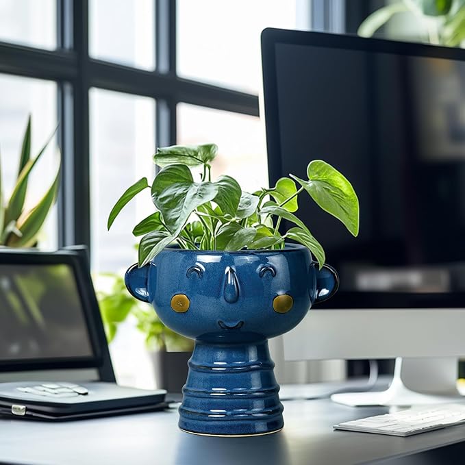 Face Planter Pot Head 7 Inch - Cute Ceramic Head Planter for Indoor Outdoor Plants Unique Flower Pot with Drainage Hole Gift Ideas for Christmas Blue