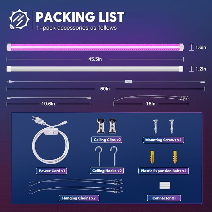 FREELICHT 1 Pack 4FT LED Grow Light, 40W (250W Equivalent), Red Blue (660nm+460nm) Full Spectrum Grow Light for Indoor Plants, Linkable Plug in Plant Growing Lamps for Hydroponic Seeding Veg Flower