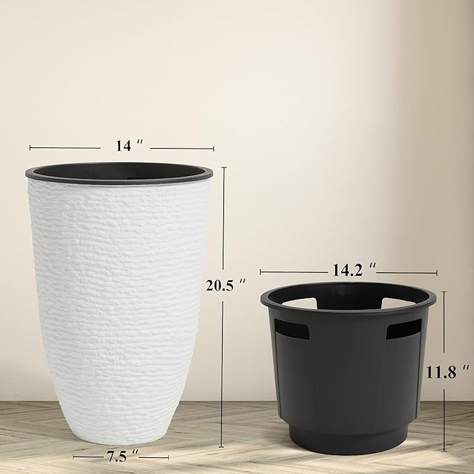 WORTH Garden 2-Pack 21" H. White Tall Planters with Inside Pots - 14'' Dia Plastic Large Round Plant Tree Pots - Decorative Imitation Stone Finish for Indoor Outdoor Front Porch Container Patio