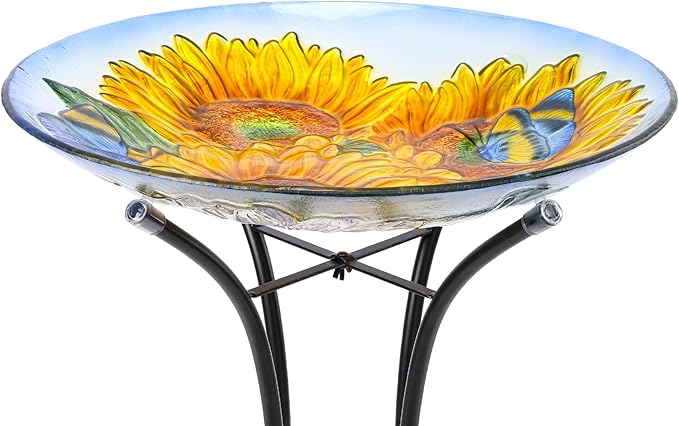 VCUTEKA Bird Baths for Outdoors, Glass Bird Bath with Metal Standing for Garden, Yards Patio Décor, Bird Lovers Gift, Sunflower Glass Birdbath Detachable (22" H * 18" W)