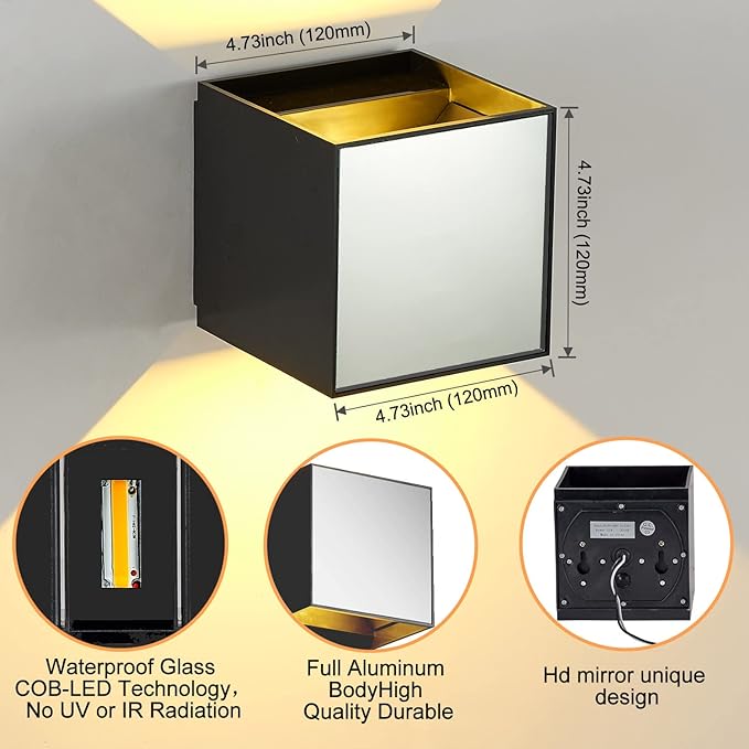 LANFU Indoor Cube Wall Light 10W COB 3000K Modern Up/Down Wall Sconce for Bedroom Living Room Staircase Lighting Fixture,1200 Lumen, Outside Wall Lights for House IP65 Waterproof Porch Lights