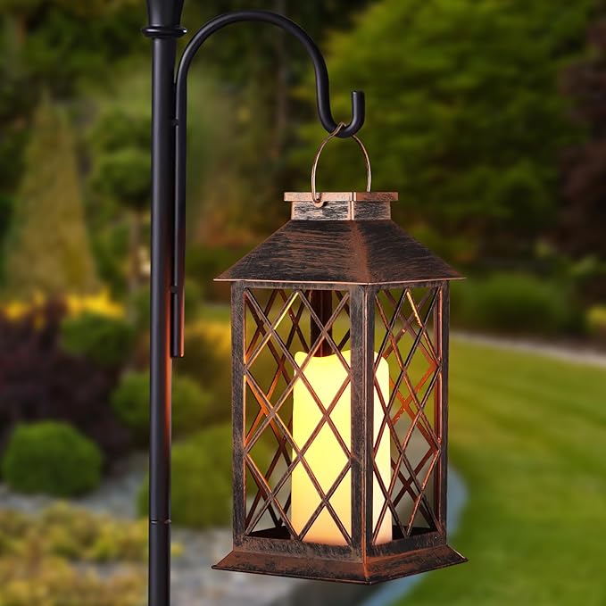 2 Pack Solar Lantern Outdoor Waterproof Garden Decor Hanging Lanterns Birthday Gifts for Women Mom 11" LED Flickering Flameless Candle Christmas Table Lights for Yard, Patio, Porch, Backyard
