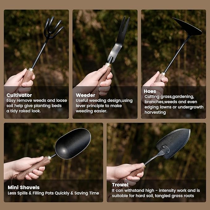 Garden Tool Set,5Pcs Gardening Tools,Stainless Steel Heavy Duty Hand Cultivator, Hoes,Shovel, Trowel and Weeder with Ergonomics Walnut Handle,Gardening Gifts for Women