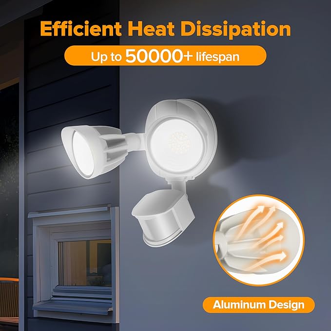 UME LED Security Light Motion Sensor Outdoor Lights, 27W 3000LM, 5000K, IP65 Waterproof, Dusk to Dawn, 2 Head Motion Detector Flood Light for Outside, Garage, Yard (White)