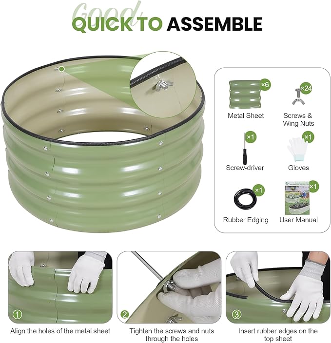 G GOOD GAIN Round Raised Garden Bed - 2Pcs 2x2x1ft Galvanized Steel Planter Boxes Outdoor with Rubber Edge Trim | Metal Raised Beds for Gardening Vegetables Flowers Fruits Herbs (Olive Green)