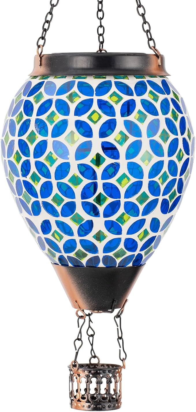 Mosaic Hot Air Balloon Solar Lantern with Flickering Flame, Blue Mosaic Hanging Solar Lantern Lights Outdoor Waterproof for Garden Patio Gifts for Women Mom Grandma