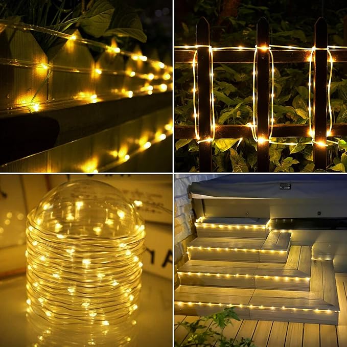 Solar Rope Lights, 2 Packs 66ft 200LED Solar String Lights, 8 Modes Waterproof Solar Powered Outdoor Lights, Flexible Clear Tube Light for Garden, Backyard, Patio, Deck, Pool,Tree Decor - Warm White