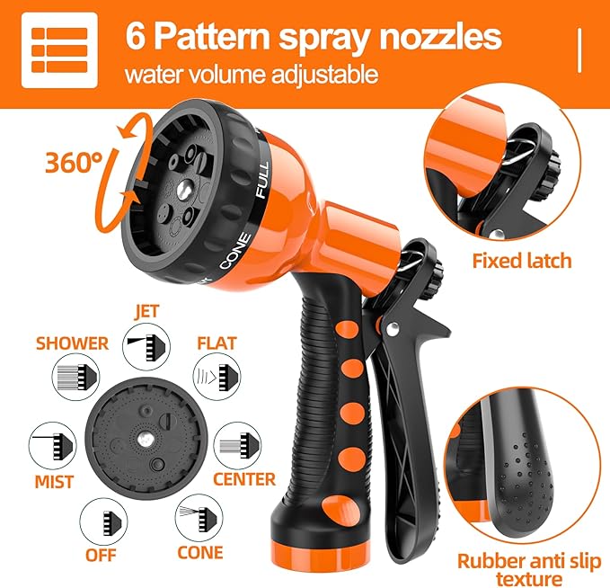 3/8” Lightweight Coil Garden Hose 50 FT, EVA Retractable Curly Water Pipe with 6-Pattern Spray Nozzle for Boat, Greenhouse, Yard, Patio (Orange)